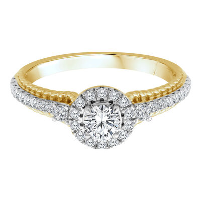 Round Diamond 5/8ctw. Halo Three Stone Engagement Ring in 14k Two Tone Gold